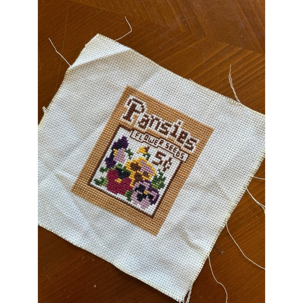 Pansy Pansies Flower Seed Packet Cross Stitch Embroidery Handmade Unframed 8x8''